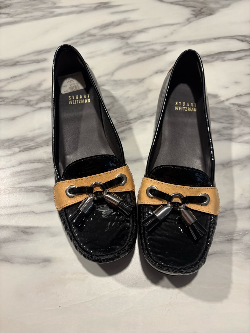 Stuart Weitzman Black Patent Loafers with Tan Trim and Tassels